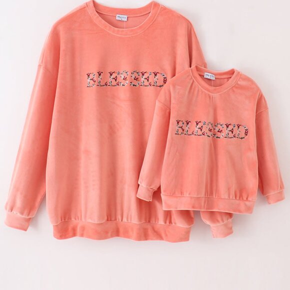 BLESSED Flower Stitched Velvet Top ADULTS PINK - Picture 1 of 2